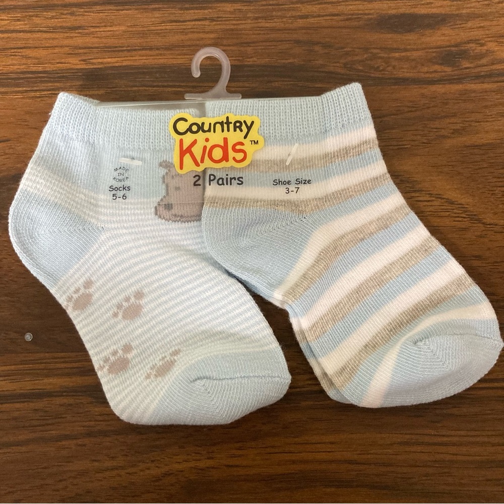 $1 NWT Country Kids Light Blue & Gray Hippo/Stripe 2 Pack Socks 1-2 Years